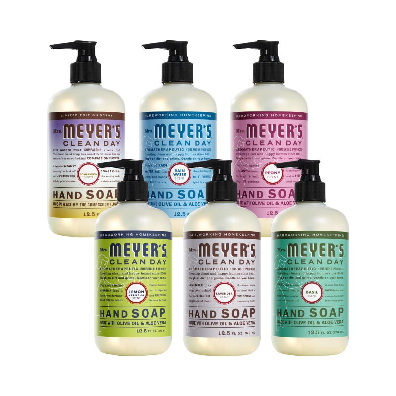 Mrs MEYERS CLEAN DAY Liquid Hand Soap 6 Pack Variety includes 1 Compassion Flower 1 Rain Water 1 Peony 1 Lemon Verbena 1 Lavender and 1 Basil Hand Soap 125 OZ Each 1 CT